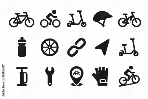 Cycling and scooter icons: bikes, helmets, tools, and accessories