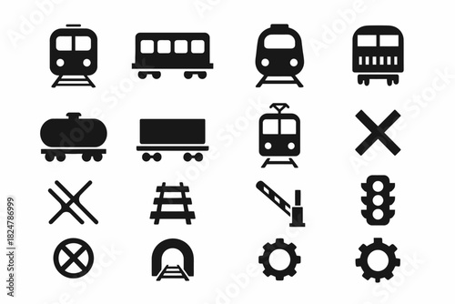 Collection of train and railway icons: locomotive, tracks, signals, tunnel, wagon, crossing
