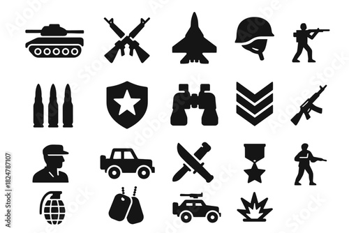 Military icons collection: vehicles, weapons, soldiers, medals, and equipment silhouettes