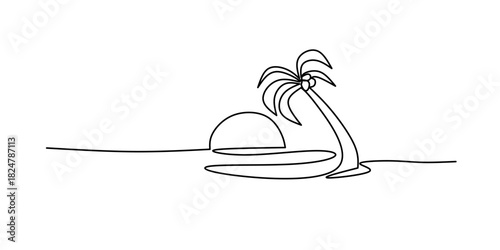 Sun on the beach one continuous black line, outline of sunrise and sunset, landscape with sun and beach in one line Sunset on the beach. sun and coconut trees in one line on the beach