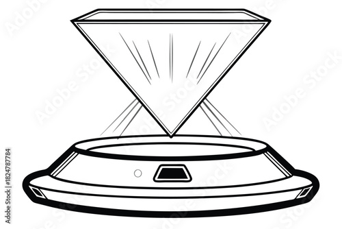 Stylized box hovers above sleek tech platform with shining particles around its monochromatic outline