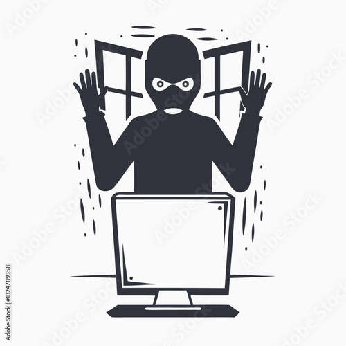 Masked thief raises hands before computer screen against a backdrop of a window