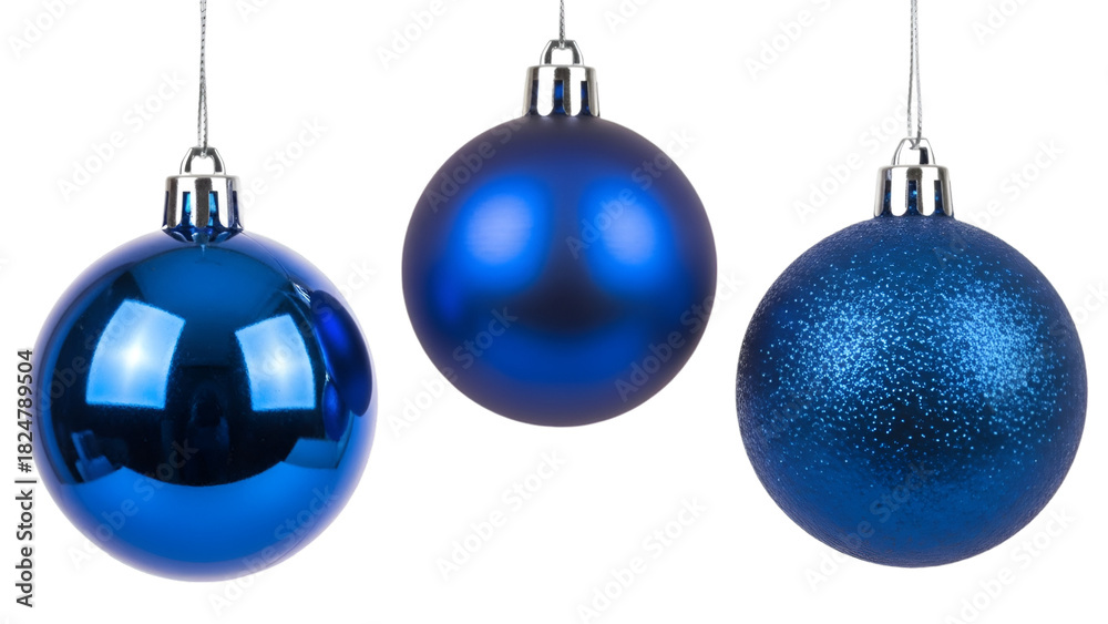 Fototapeta premium Three Blue Christmas Ornaments Hanging bauble decoration