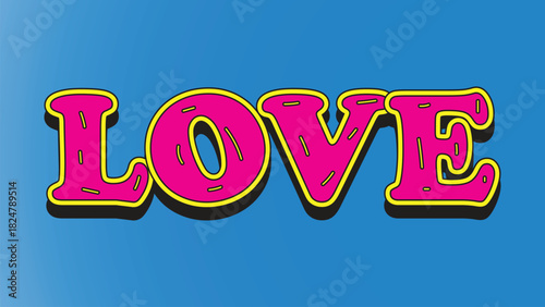 Pink LOVE text with yellow outline on blue background