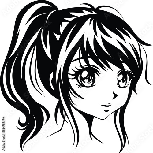 Young girl with big eyes looks ahead in a manga style monochrome portrait