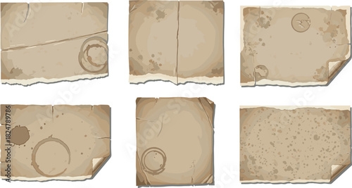 Collection of six aged paper sheets with stains and torn edges on white