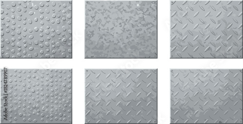 Six metal plates with different textures and patterns arranged in a grid