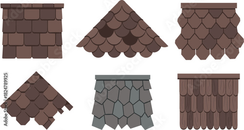 Illustration of different types of roof shingles on a white background
