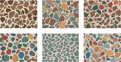 Six square terrazzo patterns with various colored stone and neutral matrix
