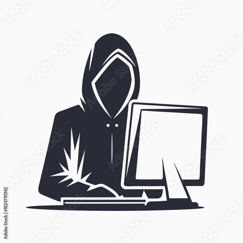 Silhouette of an faceless person in a hoodie types at the computer intently now