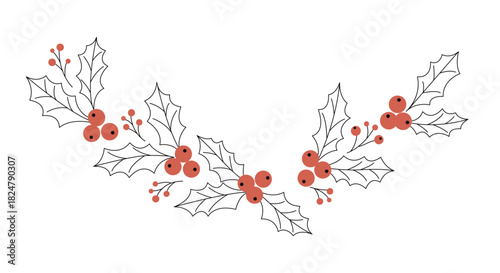 Vector illustration of hand drawn holly branch with red berry decoration