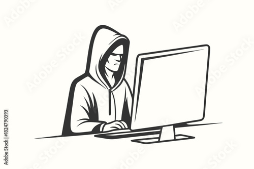 Silhouette man in hooded sweatshirt is using a computer on a table