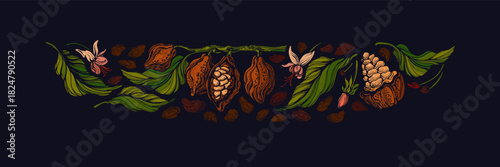 Cocoa border. Dark chocolate. Tropical color print