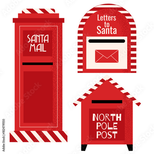 Flat Christmas vector set with Santa mailboxes, letters, envelopes, and mailbag. Festive North Pole post collection perfect for holiday cards, decorations, posters, stickers, and seasonal designs.