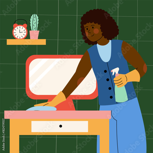 Woman cleaning her room. Home care, housekeeping and daily routine concept. Perfect for blogs, tutorials, apps, posters, guides and lifestyle designs.