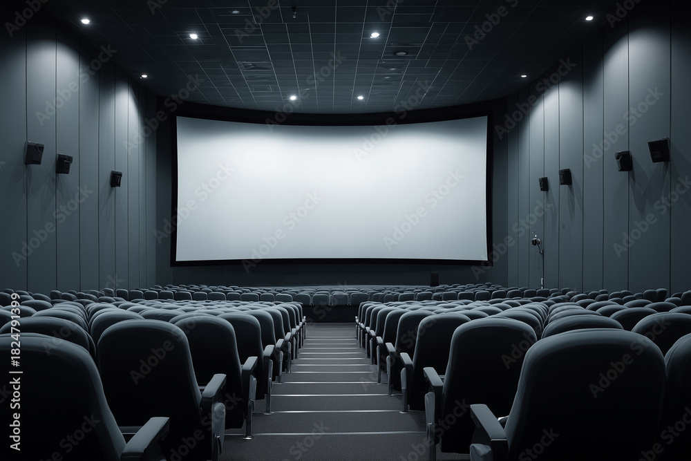 Fototapeta premium Empty cinema with red seats and large screen for movie or entertainment background 