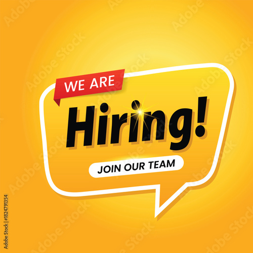 We are hiring announcement in yellow speech bubble on orange background