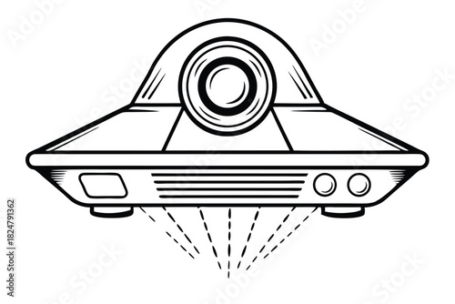 Simple monochrome presents an alien figure being beamed down from above onto a spacecraft