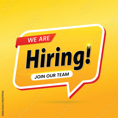 We are hiring announcement graphic with speech bubble on yellow background