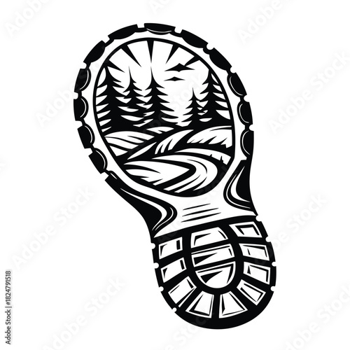 Silhouette of shoe print shows pathway going through nature and sun setting behind mountain