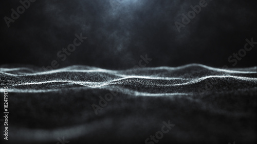 Futuristic black and white dot wave. Abstract digital particle wave. Technological background. Dark background. Digital background with smooth wavy curves. 3D rendering