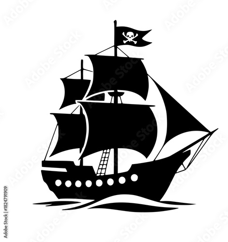 Black silhouette of a pirate ship with skull flag, adventure theme, detailed design copy space