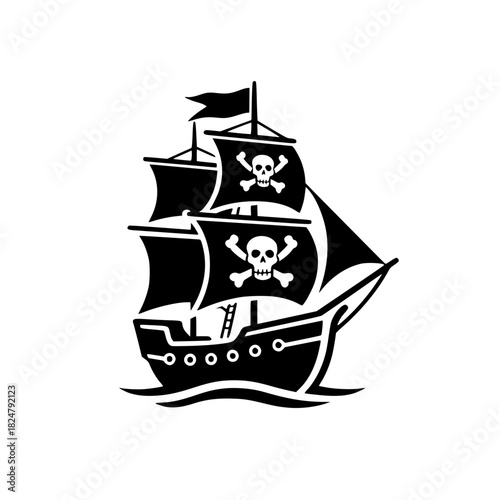 Black silhouette of a pirate ship with skull and crossbones flags, adventurous theme, bold design copy space
