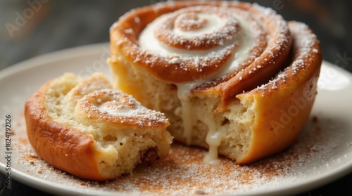 Warm cinnamon roll with melting cream glaze and walnut crunch