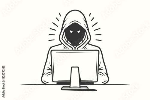 Mysterious hooded character is working on a computer with linear accent light