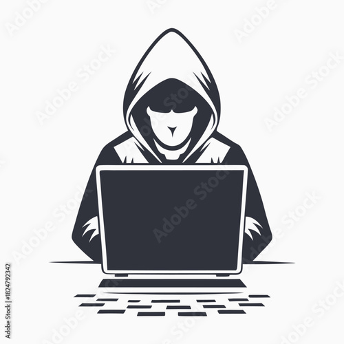 Silhouette person with hood works diligently at laptop creating digital data security