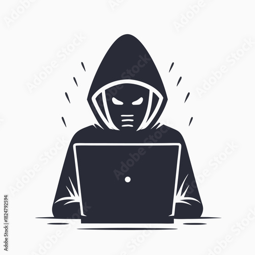 Isolated silhouette depicts a hooded hacker typing at a laptop with threatening eyes