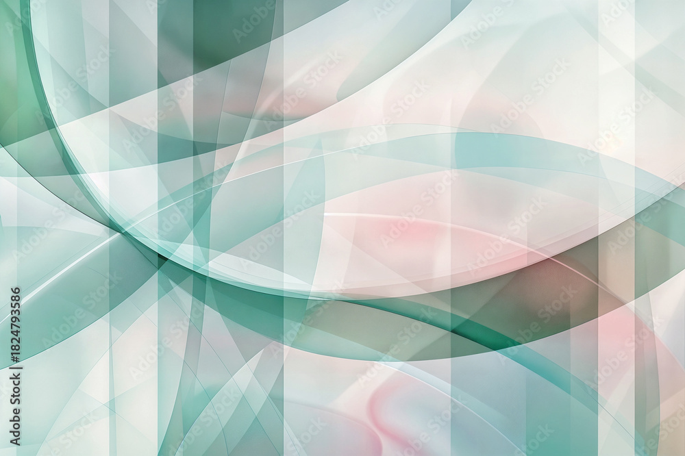 Obraz premium Soft abstract background featuring flowing mint green and pale pink waves with translucent geometric shapes, modern digital art wallpaper for creative design projects