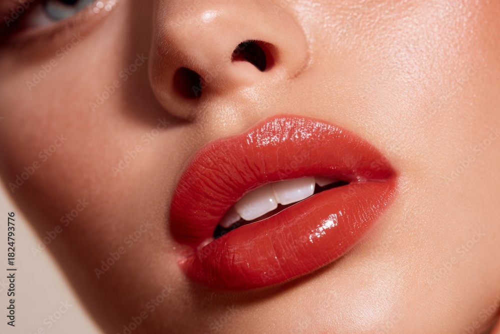 Obraz premium Close-up View of Glossy Lip Product Showcasing Vibrant Color and Smooth Texture Under Soft Light
