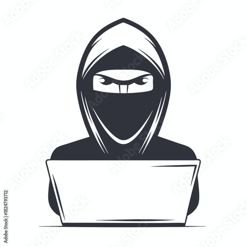 Mysterious figure wearing a hood is working on a laptop against the clean white backdrop
