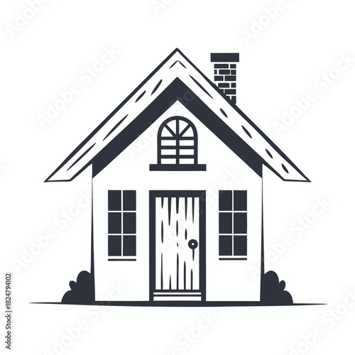 Silhouette shows a small storybook house with a brick chimney and simple bushes