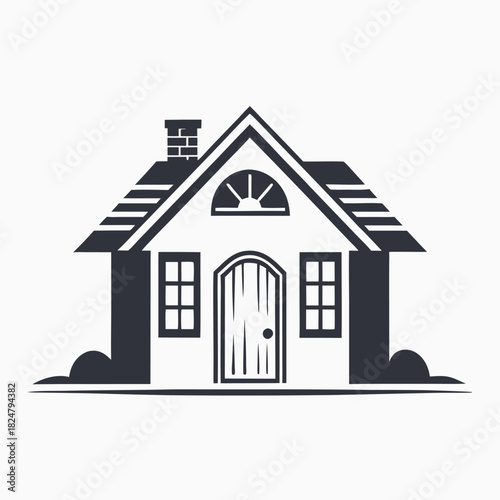 Single story house displays a unique doorway and distinct roof design in a simple monochrome