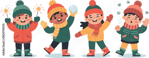 Winter Season Fun Collection of Children Playing with Sparklers and Snowball in Cold Weather with Colorful Clothing Vector Illustration