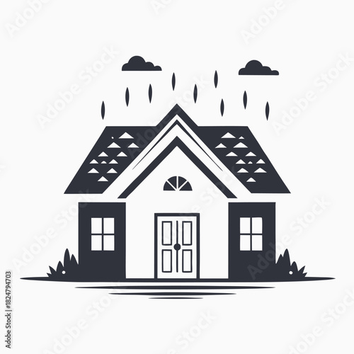 Monochrome house gets drenched by rain falling from ominous clouds above, evoking inclement weather