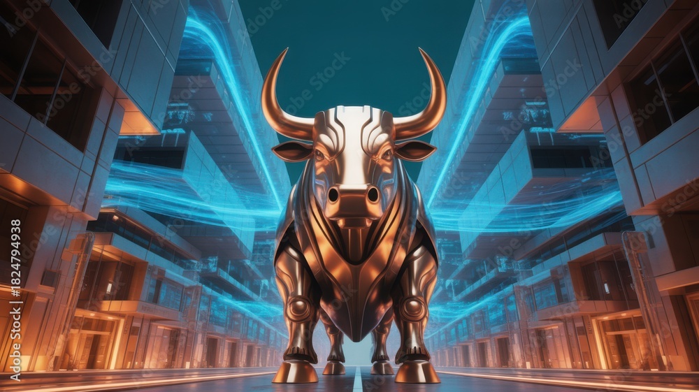 Naklejka premium A majestic golden bull statue, standing tall against a modern building backdrop, symbolizing financial strength and economic prosperity