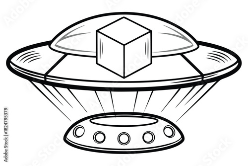 Outlined cube is being abducted by a flying saucer UFO, in black and white