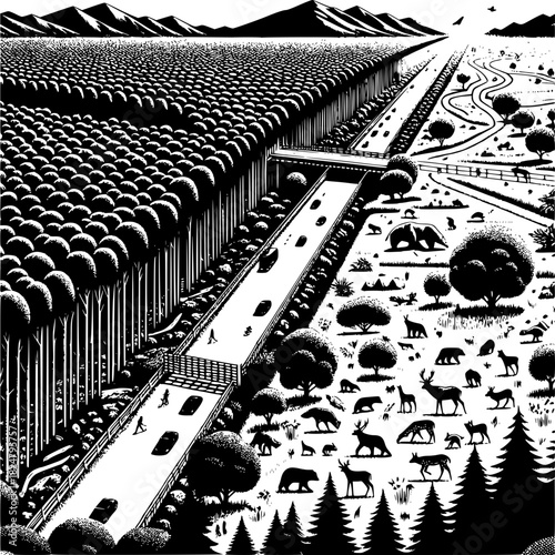 Wildlife corridor showing ecological connectivity and habitat bridge for conservation infrastructure and animal migration pathways

