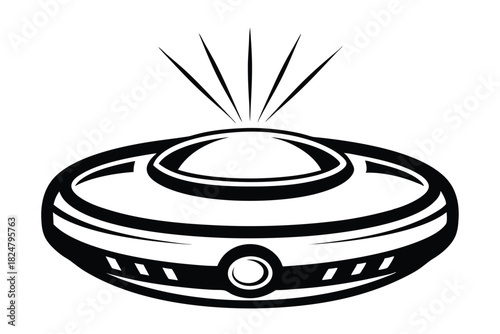 Sleek monochrome flying saucer shines with emitting light rays on a white backdrop
