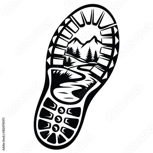 Trail running shoe print reveals a scenic mountain landscape with trees and paths