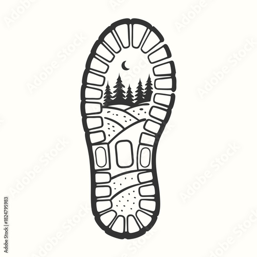 Night mountain is encompassed inside a grayscale shoe print with outdoor elements