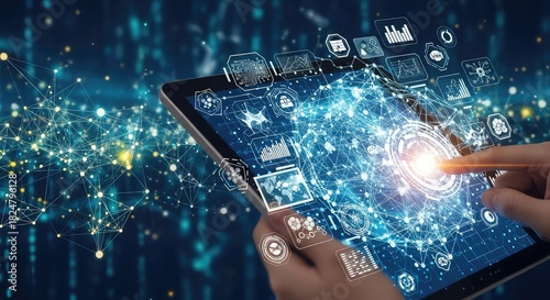 Modern tech user interacting with innovative digital interface on tablet screen