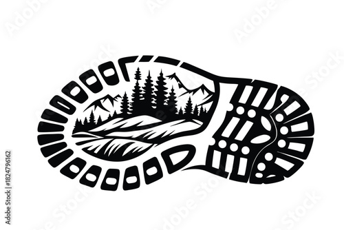 Sole print reveals peaceful mountain scenery featuring tall trees and crisp water in black and white
