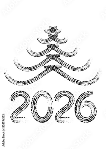 New year 2026 grunge tire track christmas tree. Vector illustration