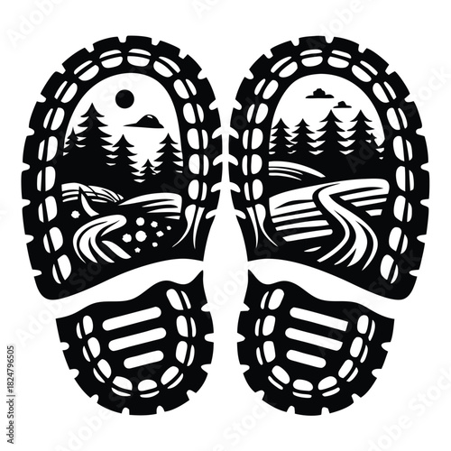 Trail shoe prints show a forest landscape with paths and pine trees in black silhouette