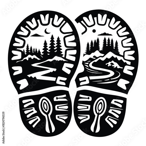 Two black shoe prints each contain nature inside them with white background