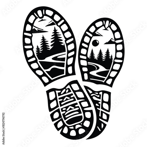 Solitary footprint reveals a scenic mountain landscape with river and pine forest in black and white